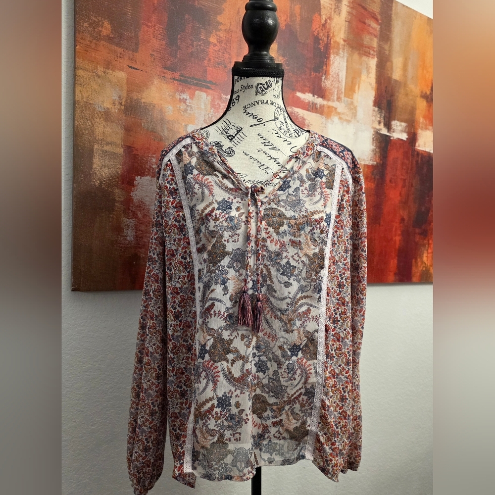 Knox Rose - Peasant Boho - Sheer Blouse - Keyhole Tassel - Bell Sleeves - Large